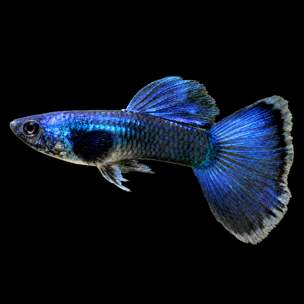 Guppy Blue Moscow macho (Poecilia reticulata) de perfil sobre fondo negro.