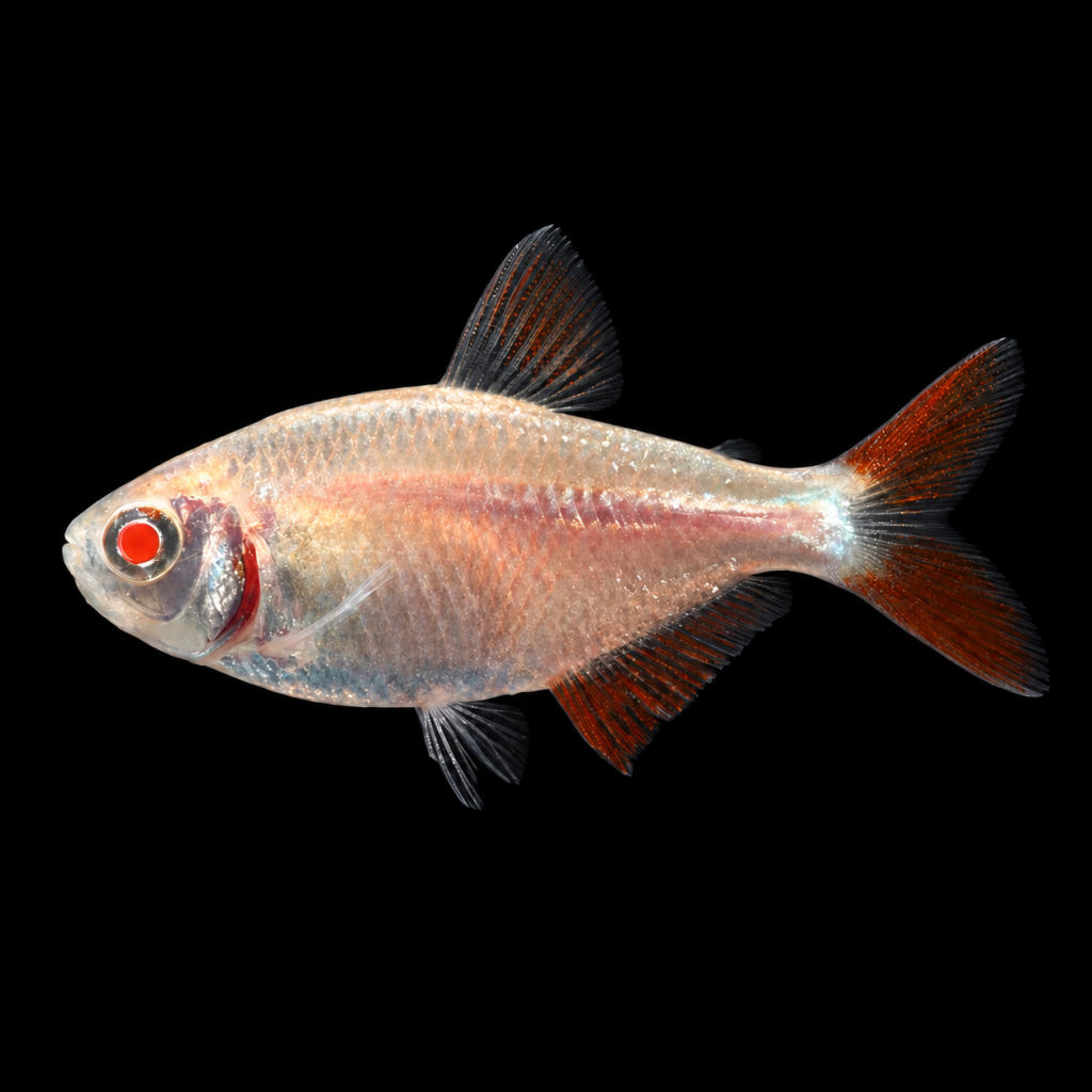 Tetra de Buenos Aires albino (Hyphessobrycon anisitsi) de perfil sobre fondo negro.