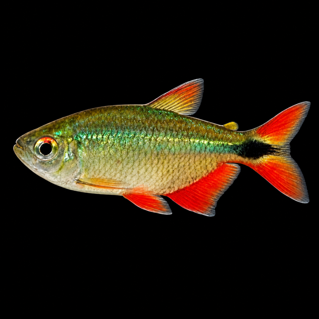 Tetra de Buenos Aires (Hyphessobrycon anisitsi) de perfil sobre fondo negro.