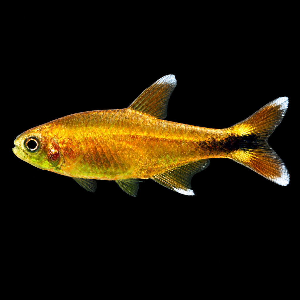 Tetra cobre (Hasemania nana) de perfil sobre fondo negro.