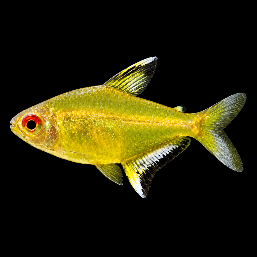 Tetra limón (Hyphessobrycon pulchripinnis) de perfil sobre fondo negro.
