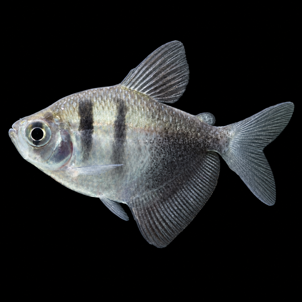Tetra monjita (Gymnocorymbus ternetzi) de perfil sobre fondo negro.