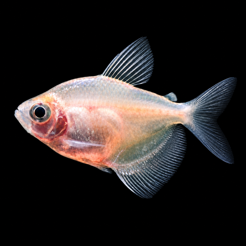 Tetra monjita oro (Gymnocorymbus ternetzi 'Gold') de perfil sobre fondo negro.