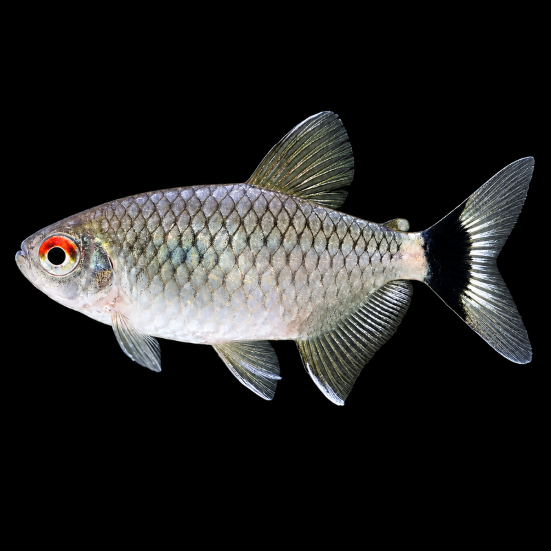 Tetra de ojo rojo (Moenkhausia sanctaefilomenae) de perfil sobre fondo negro.