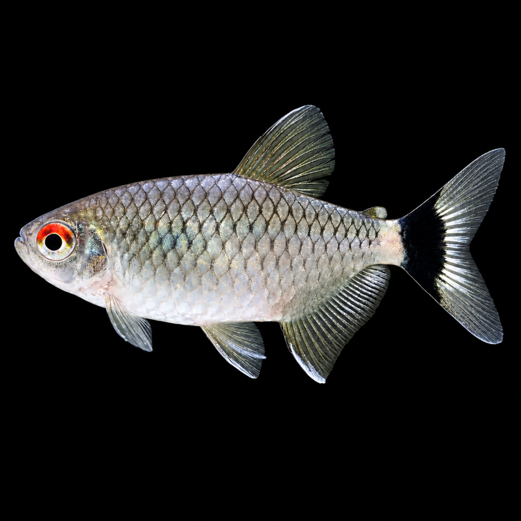 Tetra de ojo rojo (Moenkhausia sanctaefilomenae) de perfil sobre fondo negro.